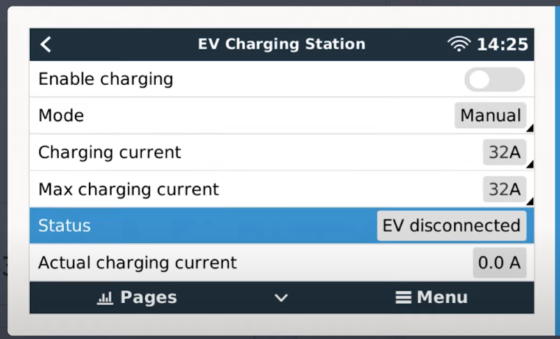 Victron EV Charging instellingen en status op GX scherm